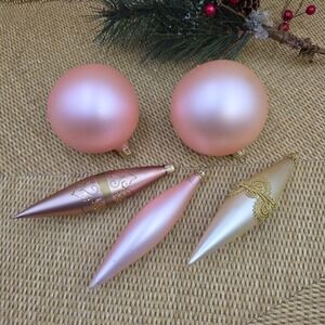 Vintage Czech Glass Christmas Ornaments Lot Pink Gold Teardrop & Balls - 5 pcs